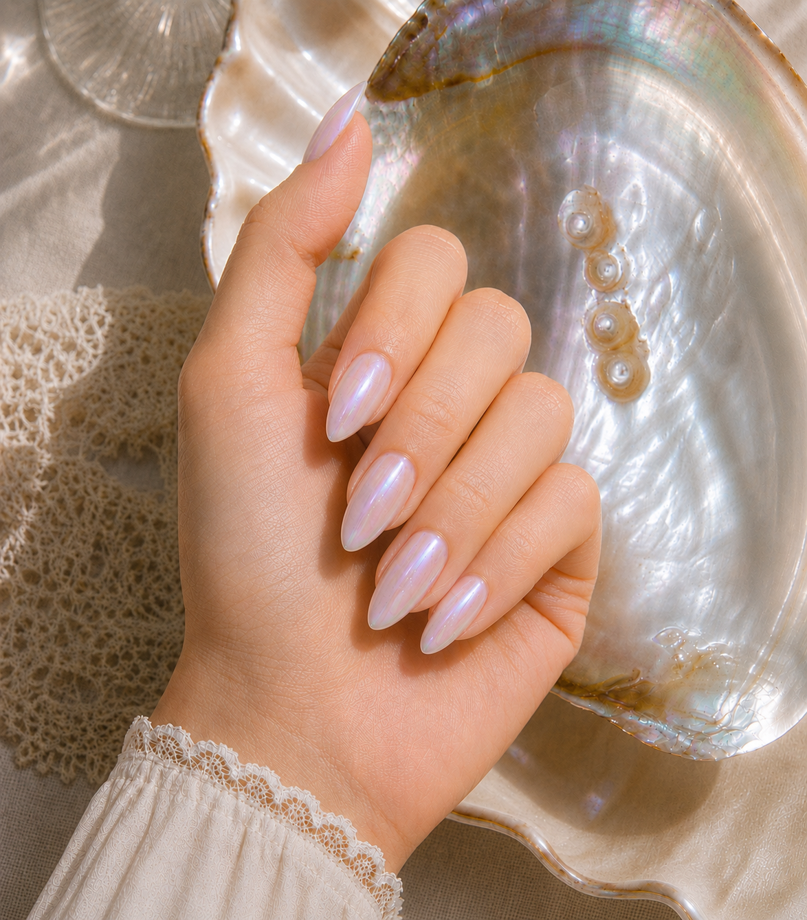 Unhas peroladas delicadas: a beleza translúcida que lembra conchas e luz sobre a&nbsp;água