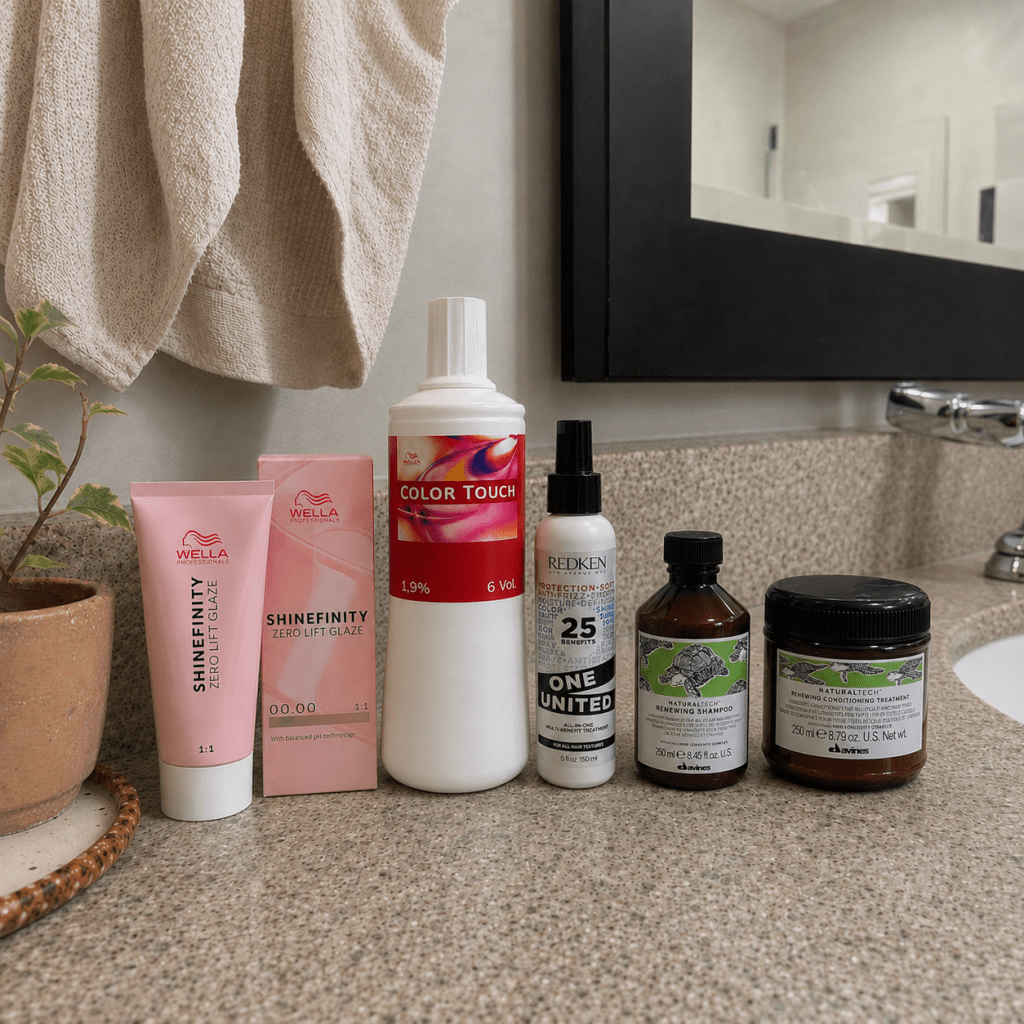 produtos shinefinity, ativador, redken one united e shampoo e condicionador davines sobre bancada do banheiro